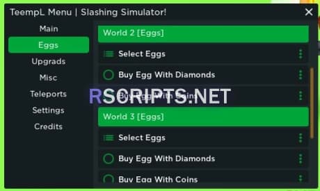 Slashing Simulator Script(Auto Farm, Auto Sell, Teleports, Auto Eggs & More)