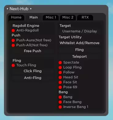 Roblox Script - Ragdoll Engine | NEXT HUB | Fling All, Push Aura, Trolling, Local Player, RTX & More